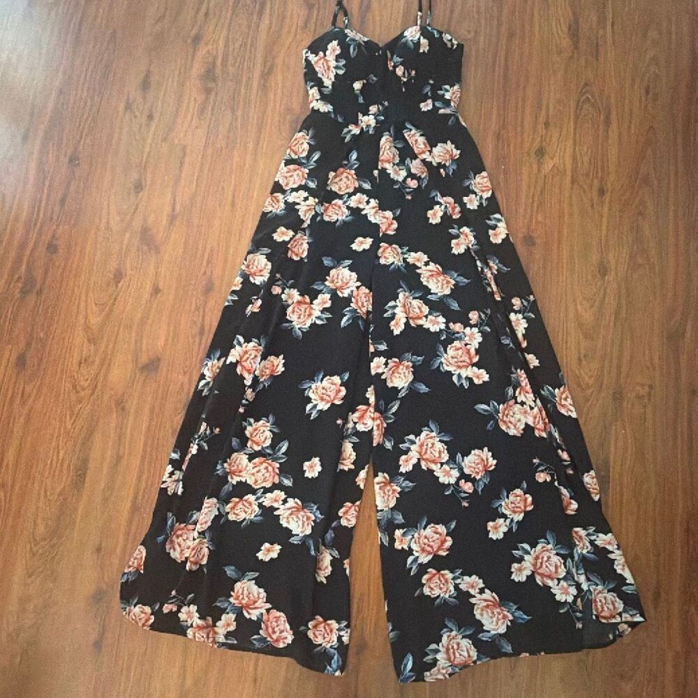 Xhilaration floral, pink Black wide leg, jumpsuit jumper, spaghetti strap, slit